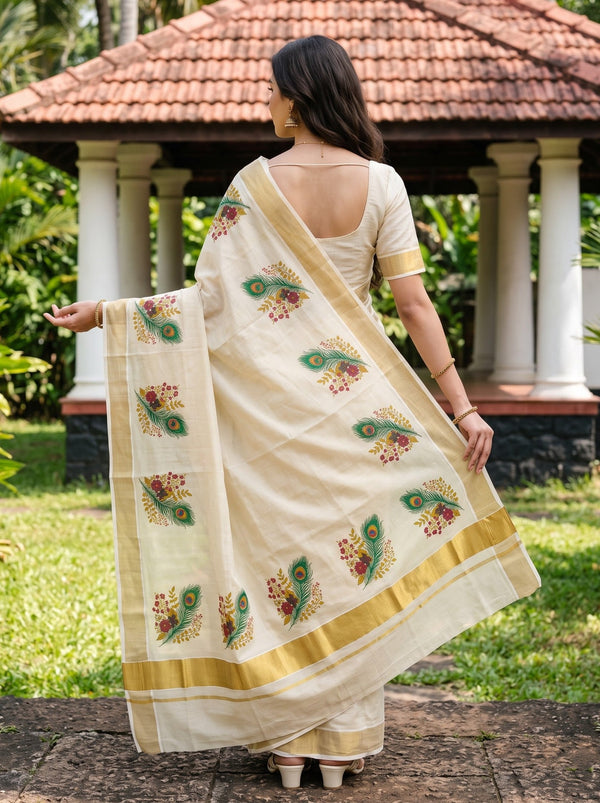 Tissue Cream Kerala Saree with Peacock Feather Floral Print Pallu, Golden Zari Border