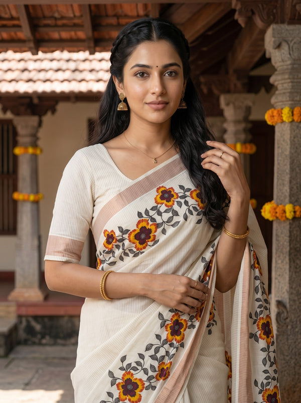 Cotton White MariGolde Orange Floral Print Rose Golden Border Onam Special Kerala Saree