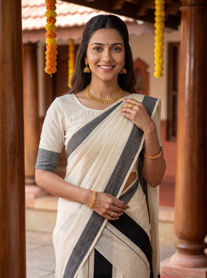 Cotton Cream Body Black Grey Stripe Border Onam Special Kerala Set Mundu