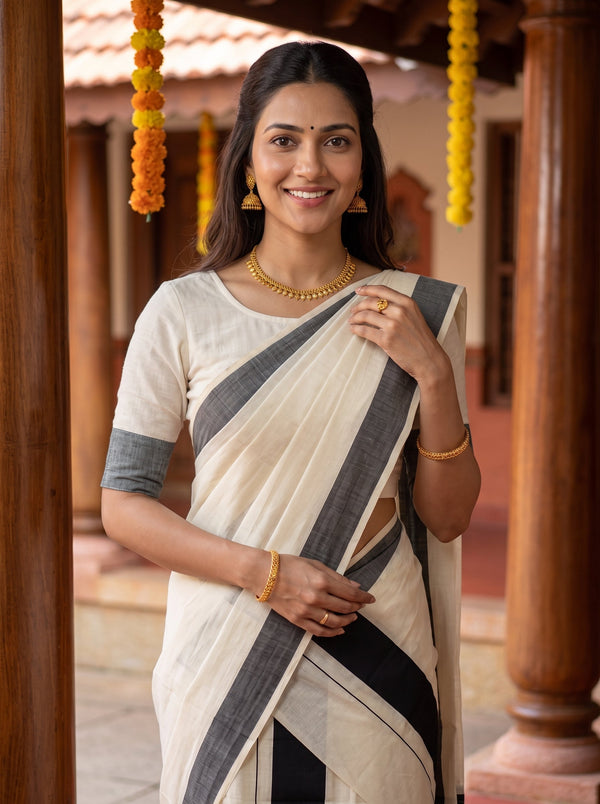 Cotton Cream Body Black Grey Stripe Border Onam Special Kerala Set Mundu