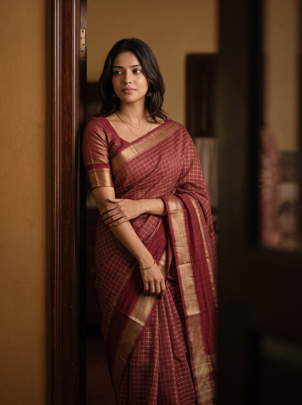 Semi Silk Red Maroon Checked Saree with Golden Zari Striped Pallu