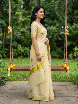 Tissue Cream Golden Teal Hibiscus Floral Print Onam Special Kerala Saree with Star Butti