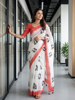 Cotton White Face Print Saree with Red Border and Tassels