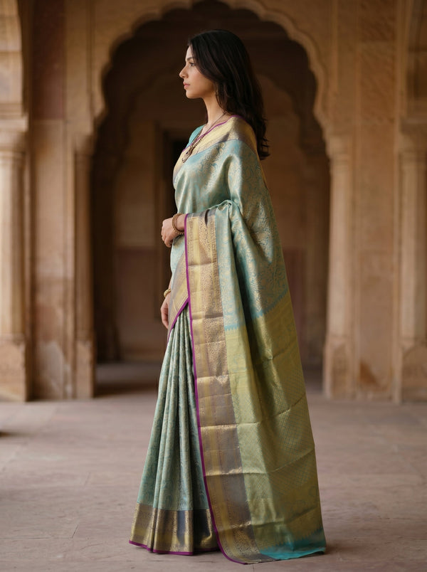 Kanjivaram Teal Green  Saree with Gold Zari Floral Jaal Weave, Dual-Tone Antique Border