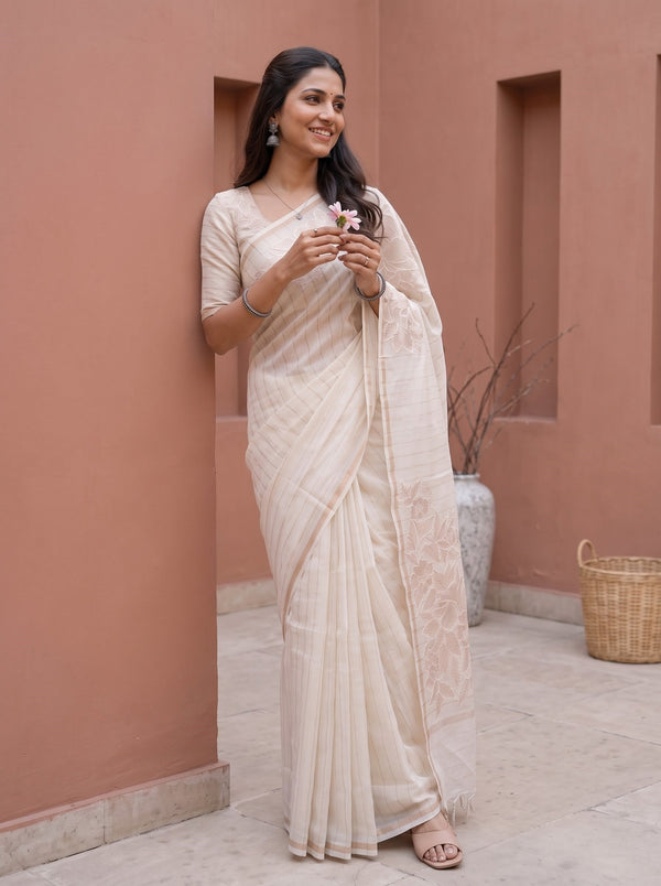 Mul Chanderi Off White Saree with Rose Golden Floral Embroidery and Subtle Striped Pattern