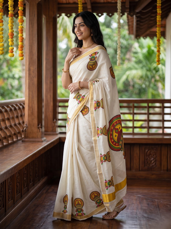Cotton Off-White Kathakali Face Print Onam Special Kerala Saree