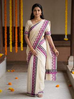 A woman wearing a cream-colored traditional Indian saree with purple and green border patterns, standing in a corridor decorated with hanging marigold garlands.
