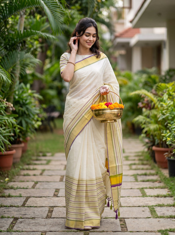 Cotton Cream Checkered Body Striped Gold Border Kerala Kasavu Set Saree