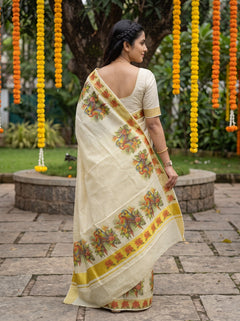 Tissue Cream Multicolor Tropical Parrot Print Onam Special Kerala Saree