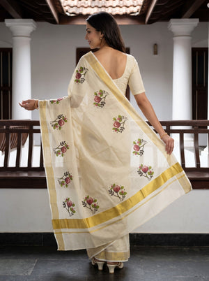Tissue Cream Kerala Saree with Red Rose Print Pallu, Golden Zari Border