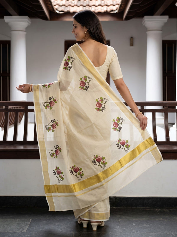 Tissue Cream Kerala Saree with Red Rose Print Pallu, Golden Zari Border