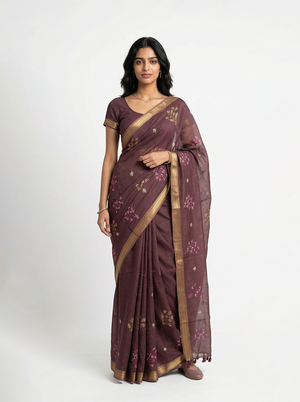 Chanderi  Wine Brown Embroidered Border Saree
