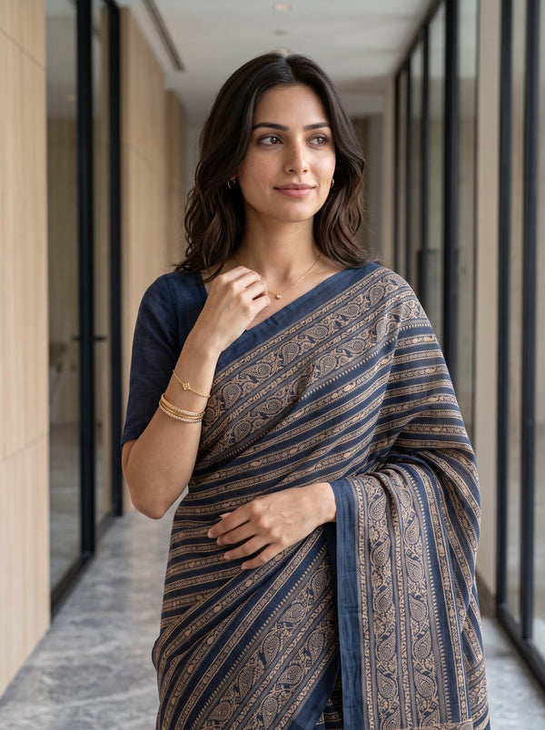 Cotton Navy Blue Saree with Traditional Paisley Motif Print