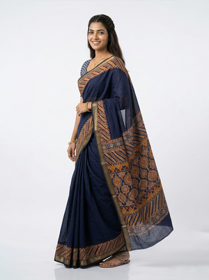 Chanderi Navy Blue Printed Border Saree