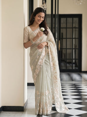 Organza Sage Green Saree with Cream Floral Vine Embroidery
