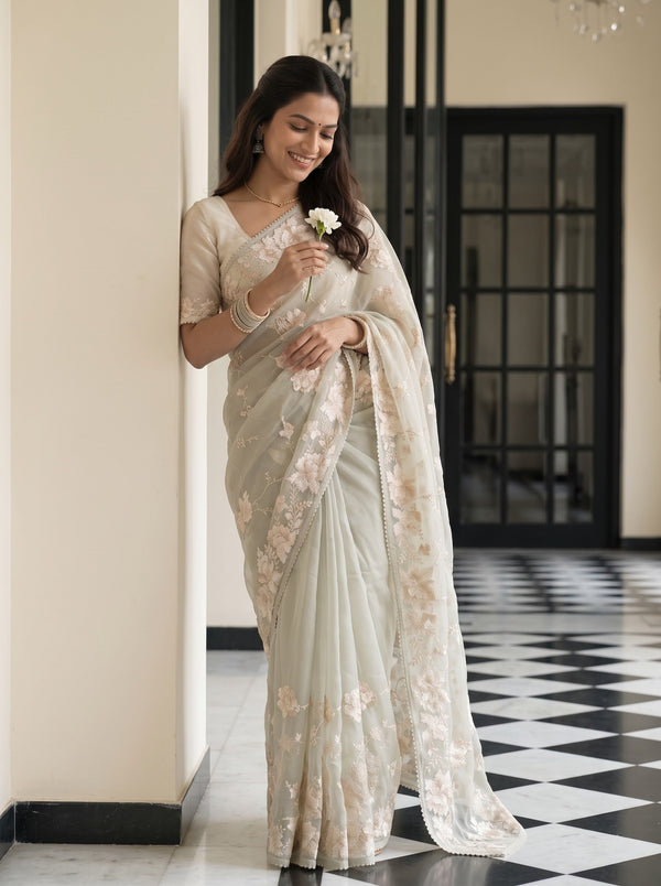 Organza Sage Green Saree with Cream Floral Vine Embroidery