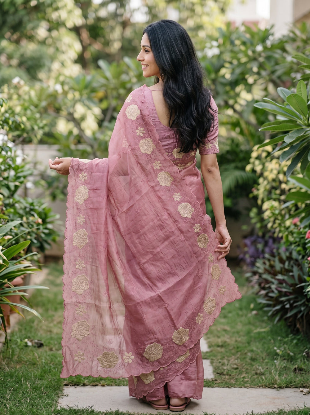 Organza Dusty Rose Pink Golden Rose Applique Floral Embroidered Scalloped Border Saree