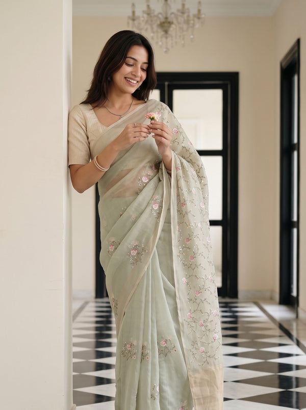 Organza Beige Saree Pink Rose Vine Design Golden Pallu