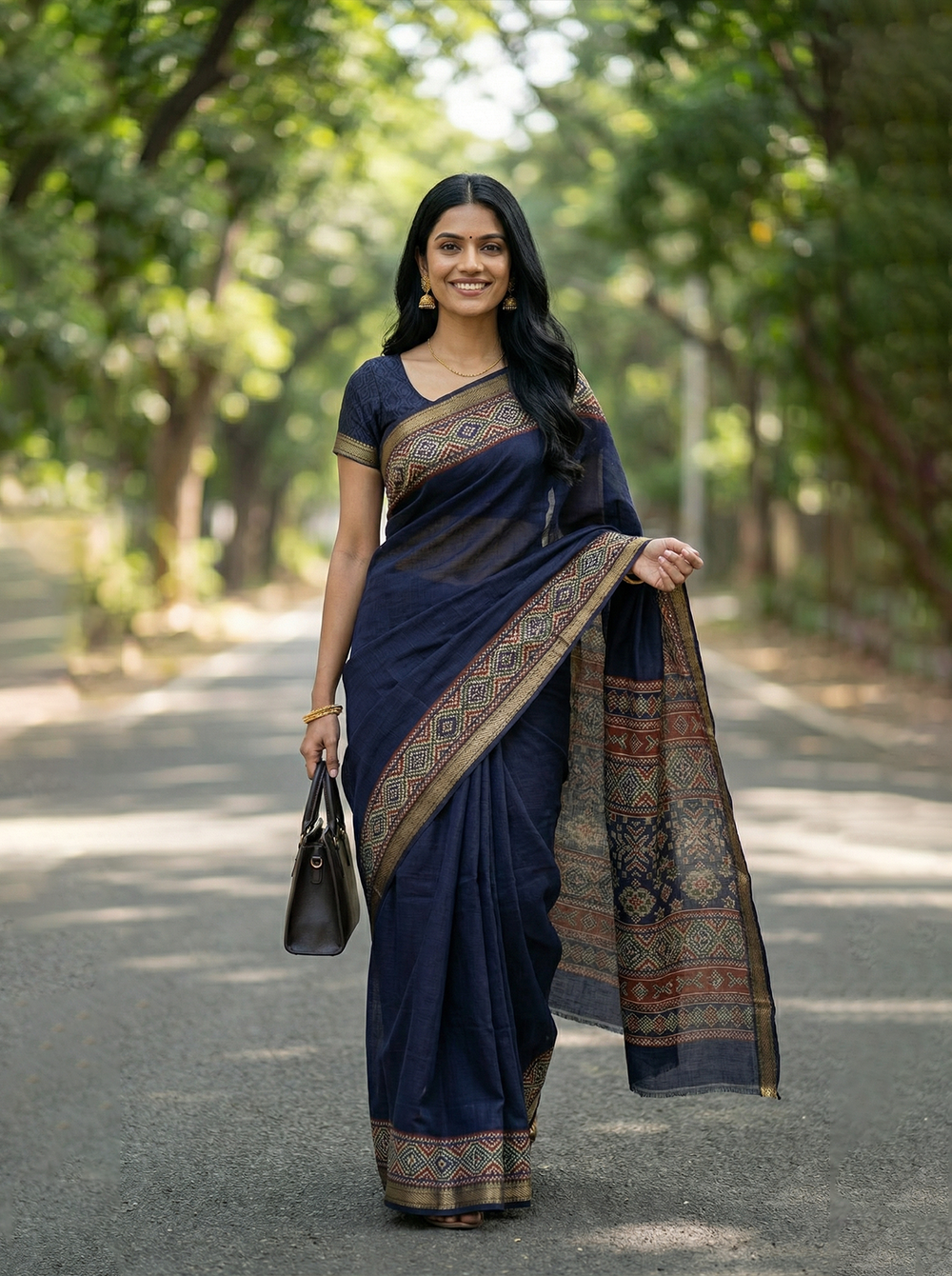 Woman in a traditional navy blue saree with a patterned border standing outdoors on a tree-lined path.