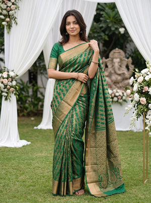 Kanjivaram Brocade Saree in Green with Golden Paisley Motif Pallu
