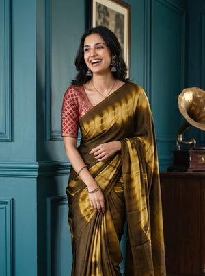 Synthetic Khaki Yellow Tie Dye Ring Pattern Saree with Tassels