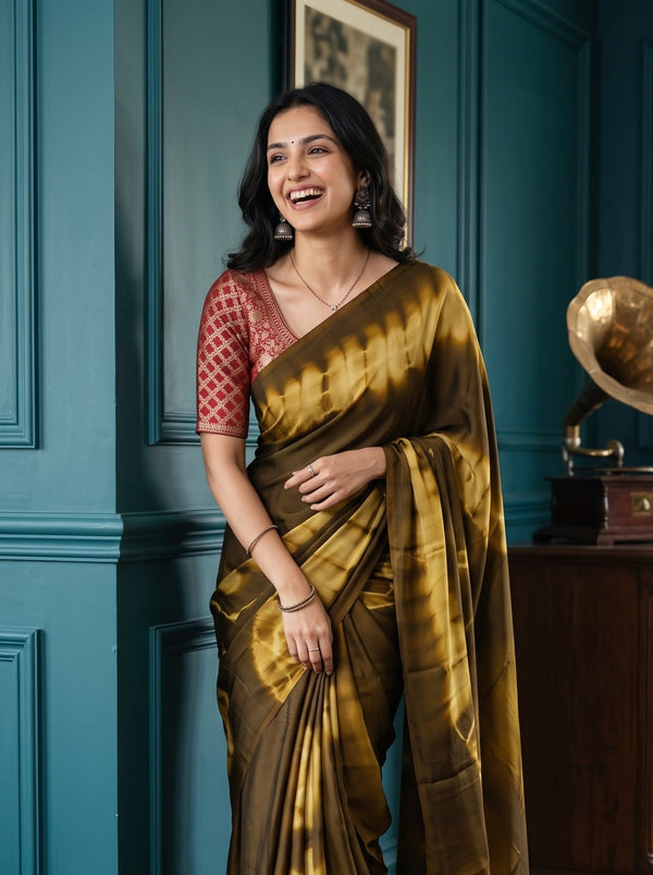 Synthetic Khaki Yellow Tie Dye Ring Pattern Saree with Tassels