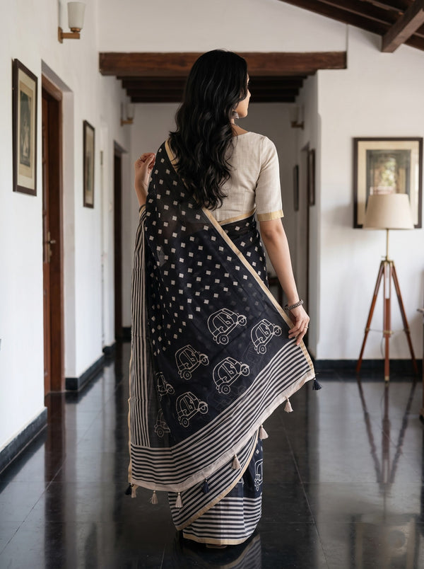 Linen Black Diamond Print Saree with Auto Rickshaw Border