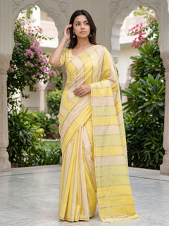 Chanderi Cotton Yellow Ombre Stripe Saree with Golden Zari Lines