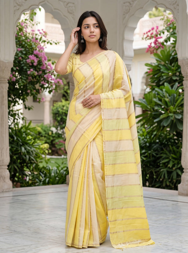 Chanderi Cotton Yellow Ombre Stripe Saree with Golden Zari Lines