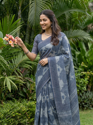 Polycotton Indigo Blue Elephant Motif Block Print Saree with Temple Border Pallu, Mirror Work and Tassels