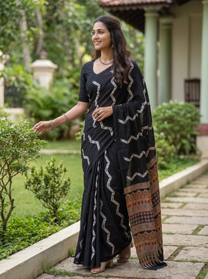 Cotton Black Saree with Multicolor Traditional Motif Printed Pallu