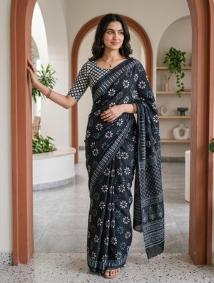 Cotton Black White & Grey Daisy Floral Block Print Pallu Saree with Buta Motifs