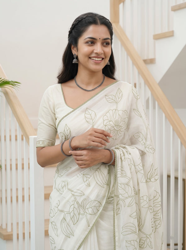 Mul Chanderi White Olive Green Floral Vine Outline Embroidery Border Saree