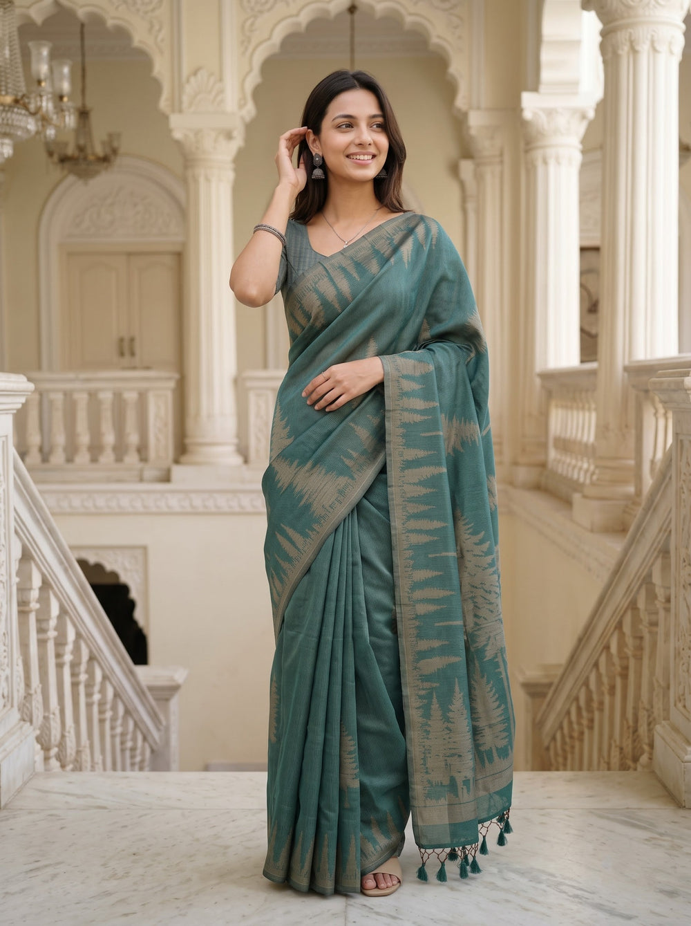 Semi Silk Bottle Green Pine Forest Print Saree with Tassels