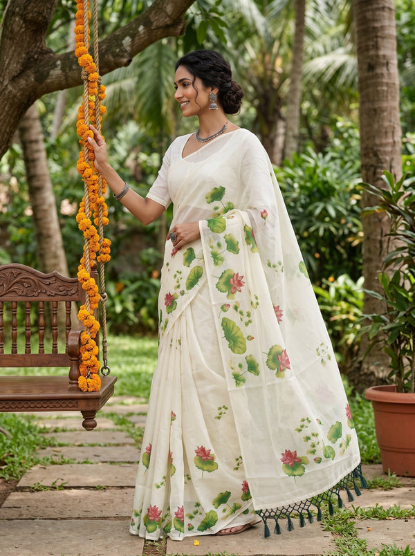 Cotton Cream Lotus Leaf Print Tassel Border Onam Special Kerala Saree