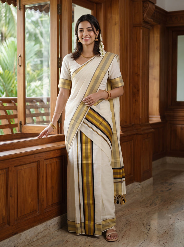 A woman wearing a traditional Indian saree with a cream base and gold, black, and brown zari patterns, standing in a room with wooden paneling and windows.