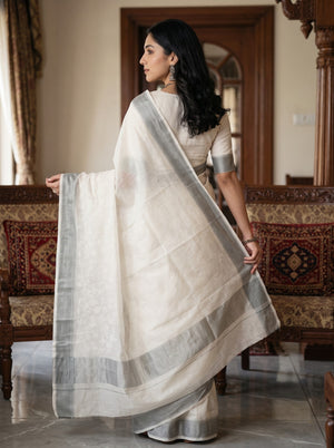 Kota Doria Ivory Self-Tone Floral Cutwork Grey Border Saree