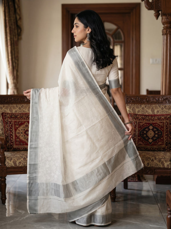 Kota Doria Ivory Self-Tone Floral Cutwork Grey Border Saree