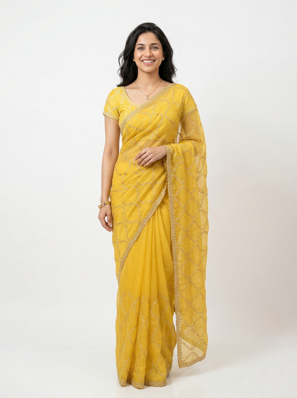 Organza Yellow Zari Embroidered Geometric Jaal Saree with Scalloped Border