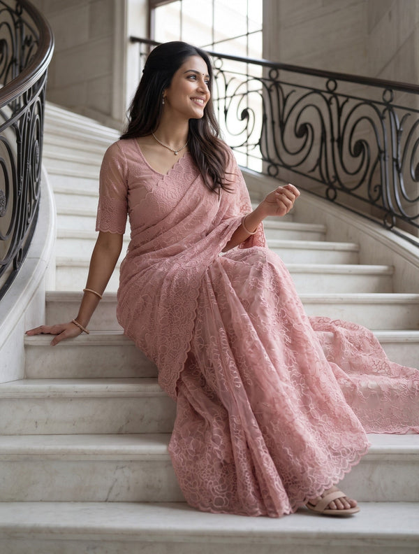 Organza Blush Pink Floral Embroidered Saree