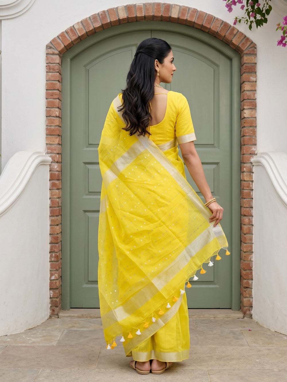 Chanderi Organza Yellow Sequin Work Saree with Gold Tissue Border and Tassels