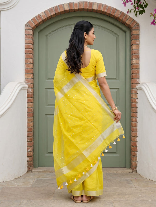 Chanderi Organza Yellow Sequin Work Saree with Gold Tissue Border and Tassels
