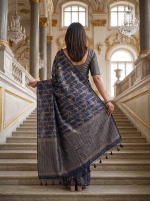 Semi Silk Navy Blue Zigzag Ikat Weave Saree with Tassels
