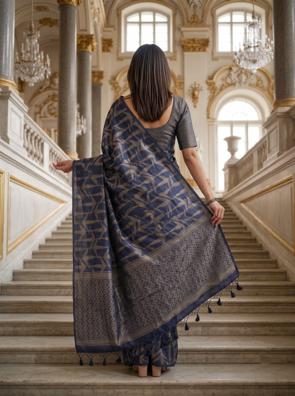 Semi Silk Navy Blue Zigzag Ikat Weave Saree with Tassels