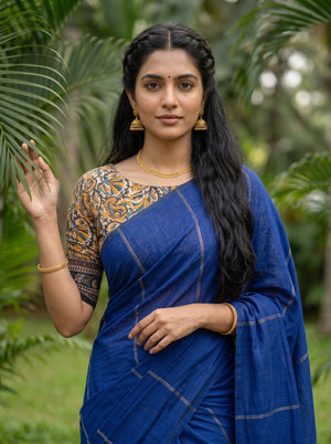 Cotton Royal Blue Saree with Multicolor Pinstripes and Paisley Print