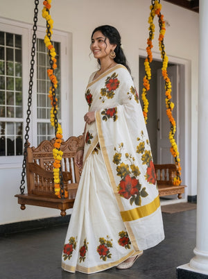 Cotton Cream Red Floral Bunch Print Golden Border Onam Special Kerala Saree