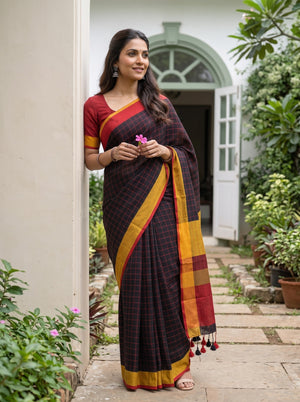 Linen Black Checkered Saree with Black and Maroon Tassels