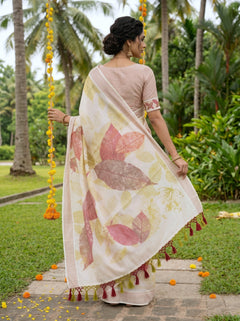 Tissue Silk Cream Autumn Leaf Print Onam Special Kerala Saree