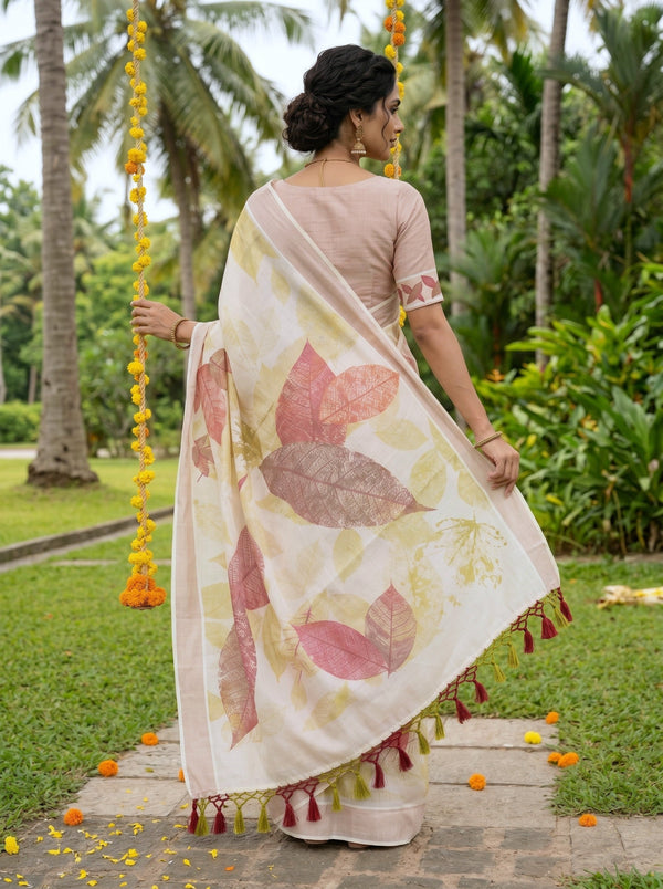 Tissue Silk Cream Autumn Leaf Print Onam Special Kerala Saree