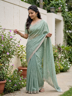 Chiffon Sea Green Golden Sequin Polka Dot Saree with Scalloped Lace Border